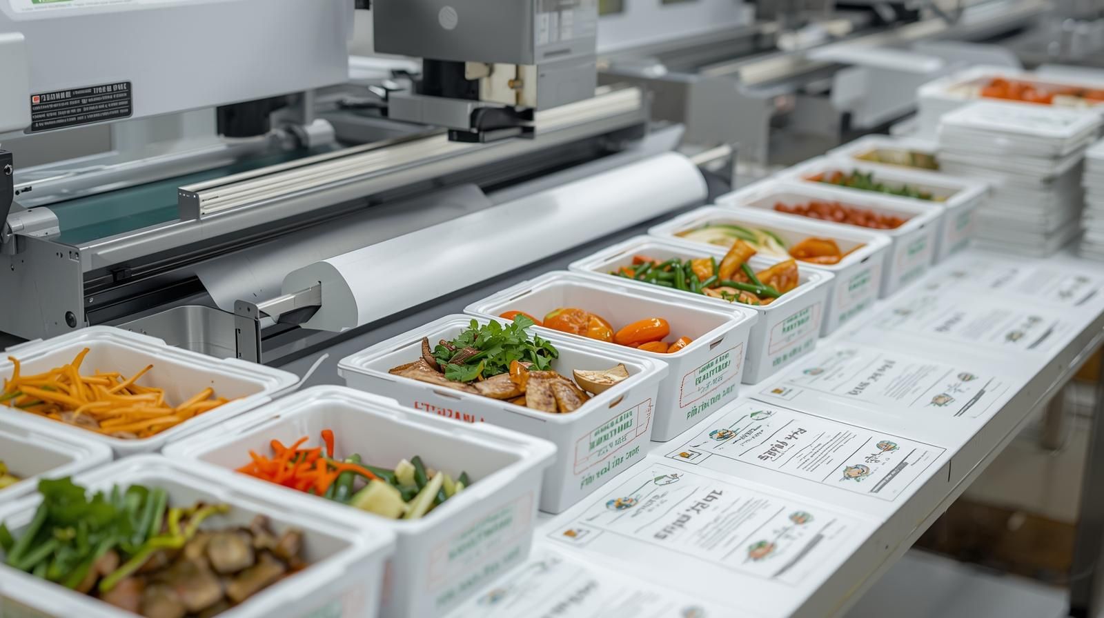 진공 포장된 밀키트 상품들이 깔끔하게 진열된 식품 제조 라인