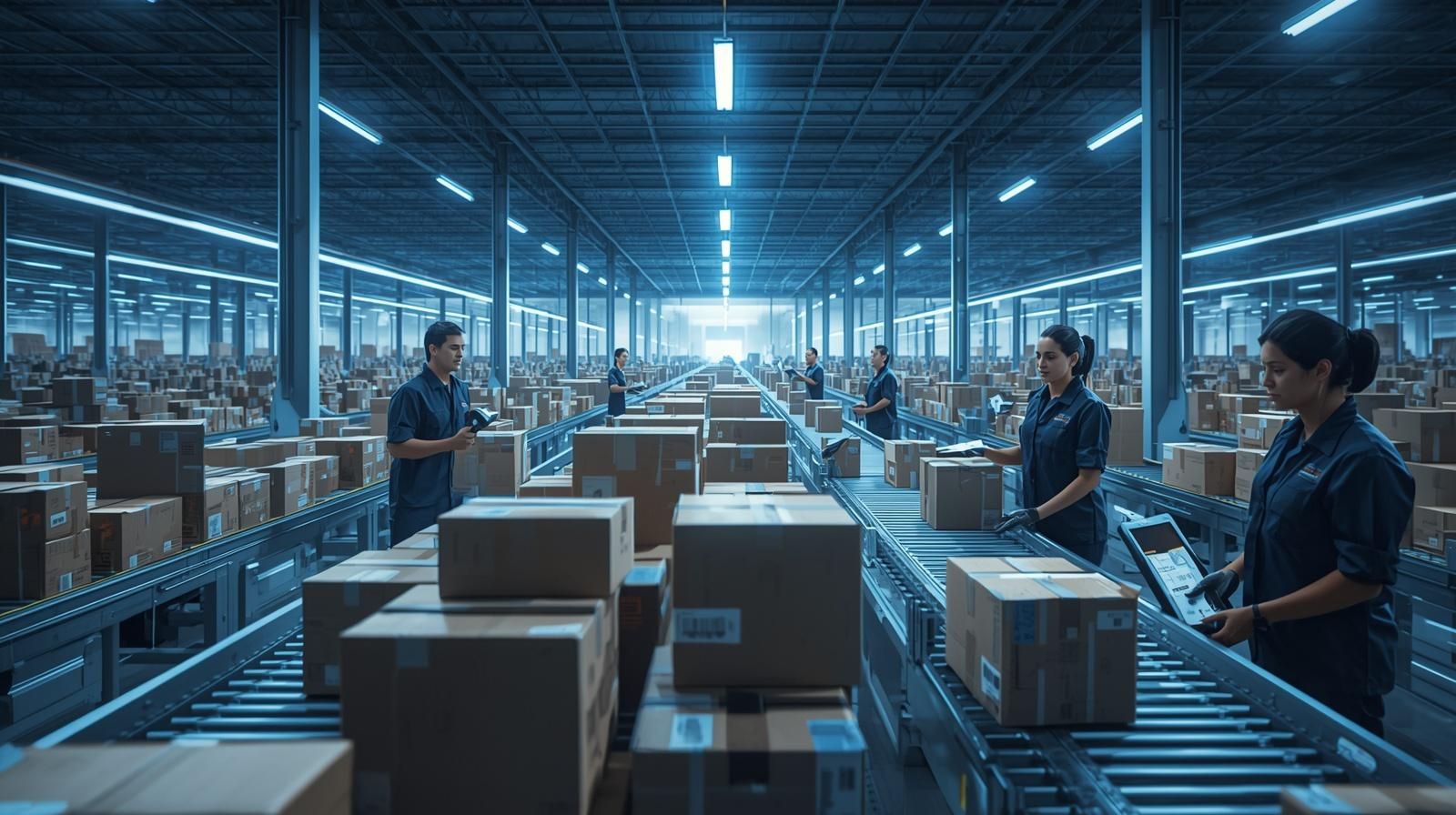 쿠팡 로켓배송 박스가 컨베이어 벨트 위로 이동하는 물류센터 내부