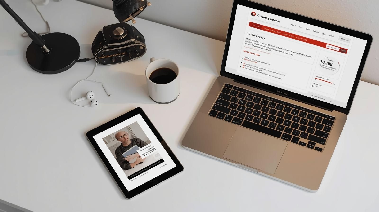 태블릿에 전자책 표지가 보이고 옆에 온라인 강의 수강 화면이 열린 데스크