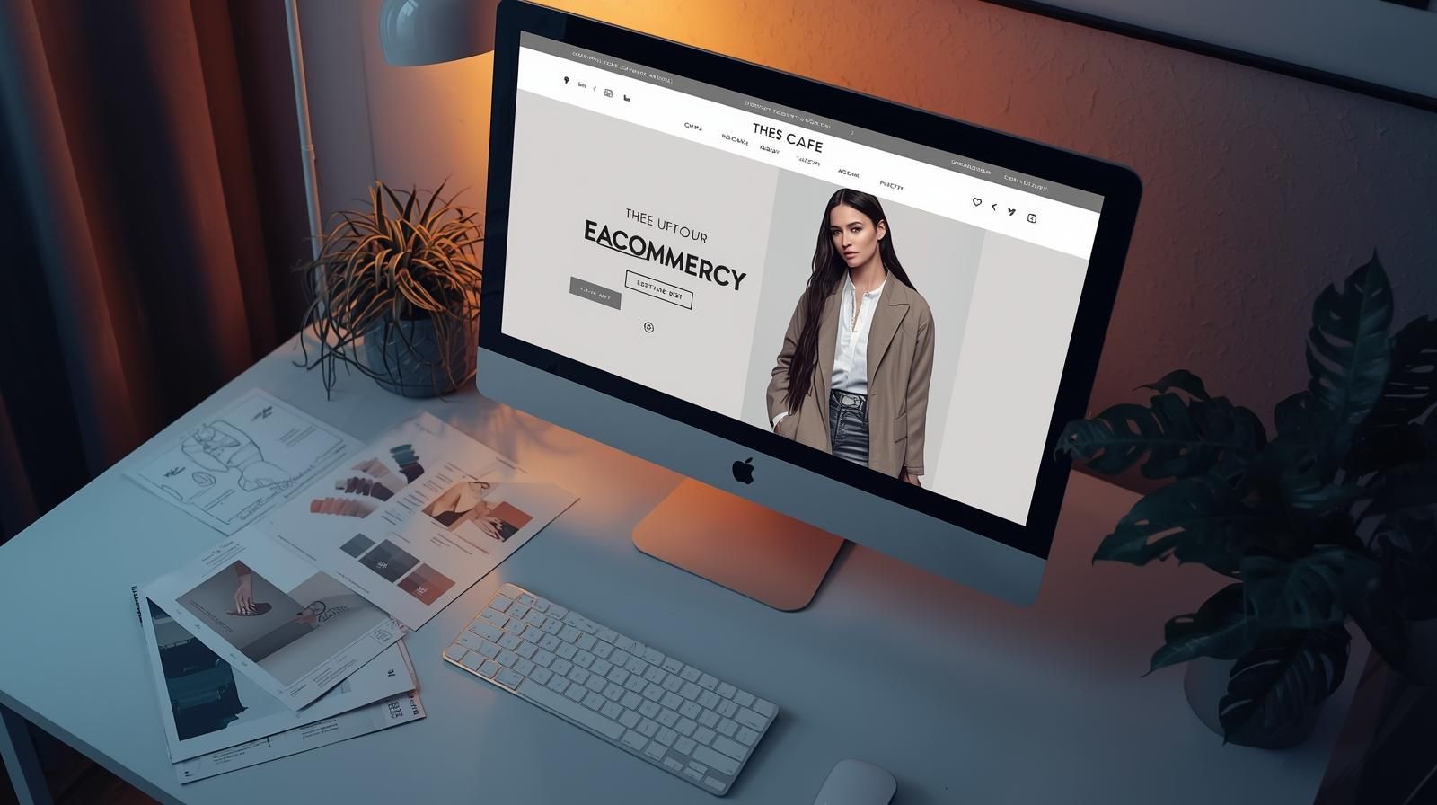 세련된 자사 쇼핑몰 홈페이지가 아이맥 화면에 표시된 브랜딩 작업 공간
