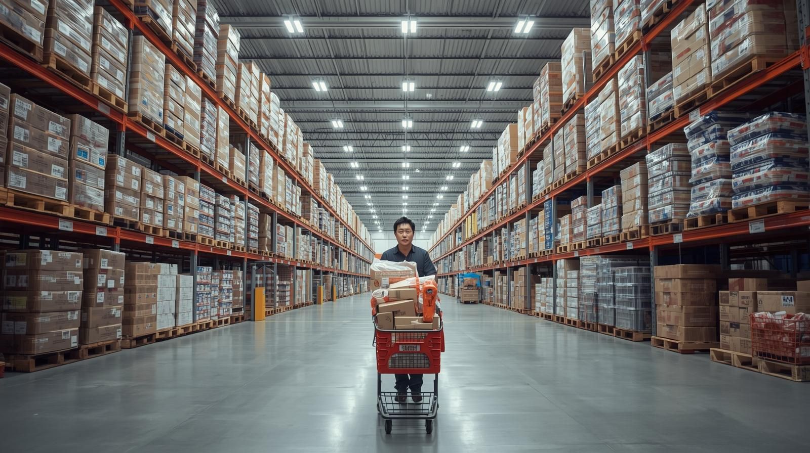 창고형 매장 코스트코 매대에서 카트에 상품을 담는 리셀러