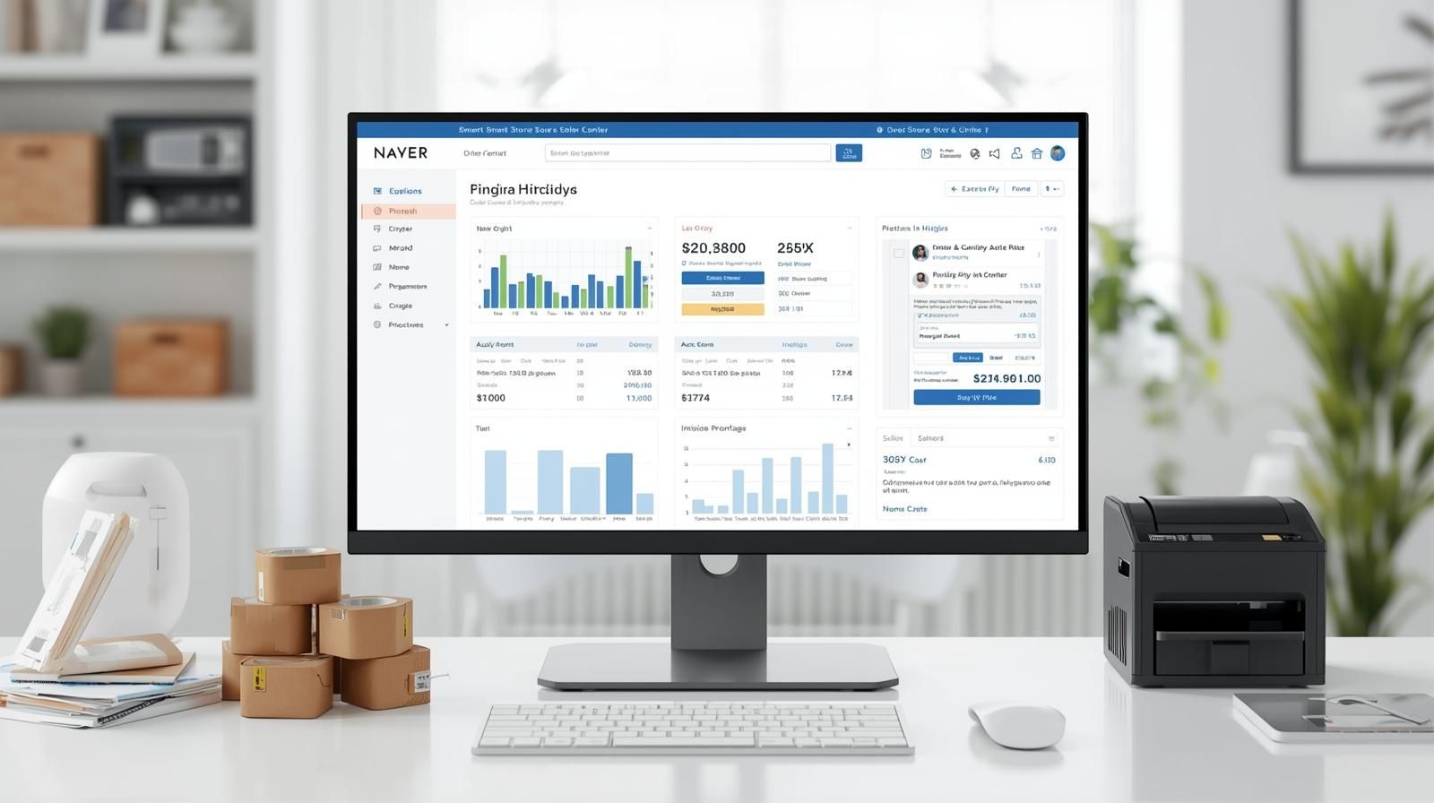 노트북 화면에 네이버 스마트스토어 셀러센터가 열린 홈오피스 데스크