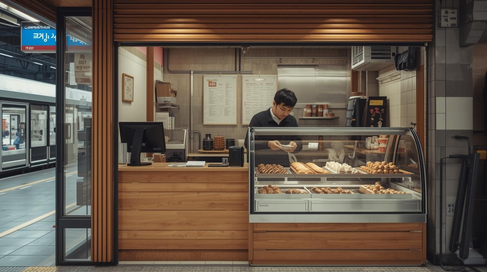 한적한 낮시간 역세권 소형 카페에서 POS 시스템을 점검하는 시니어 사장