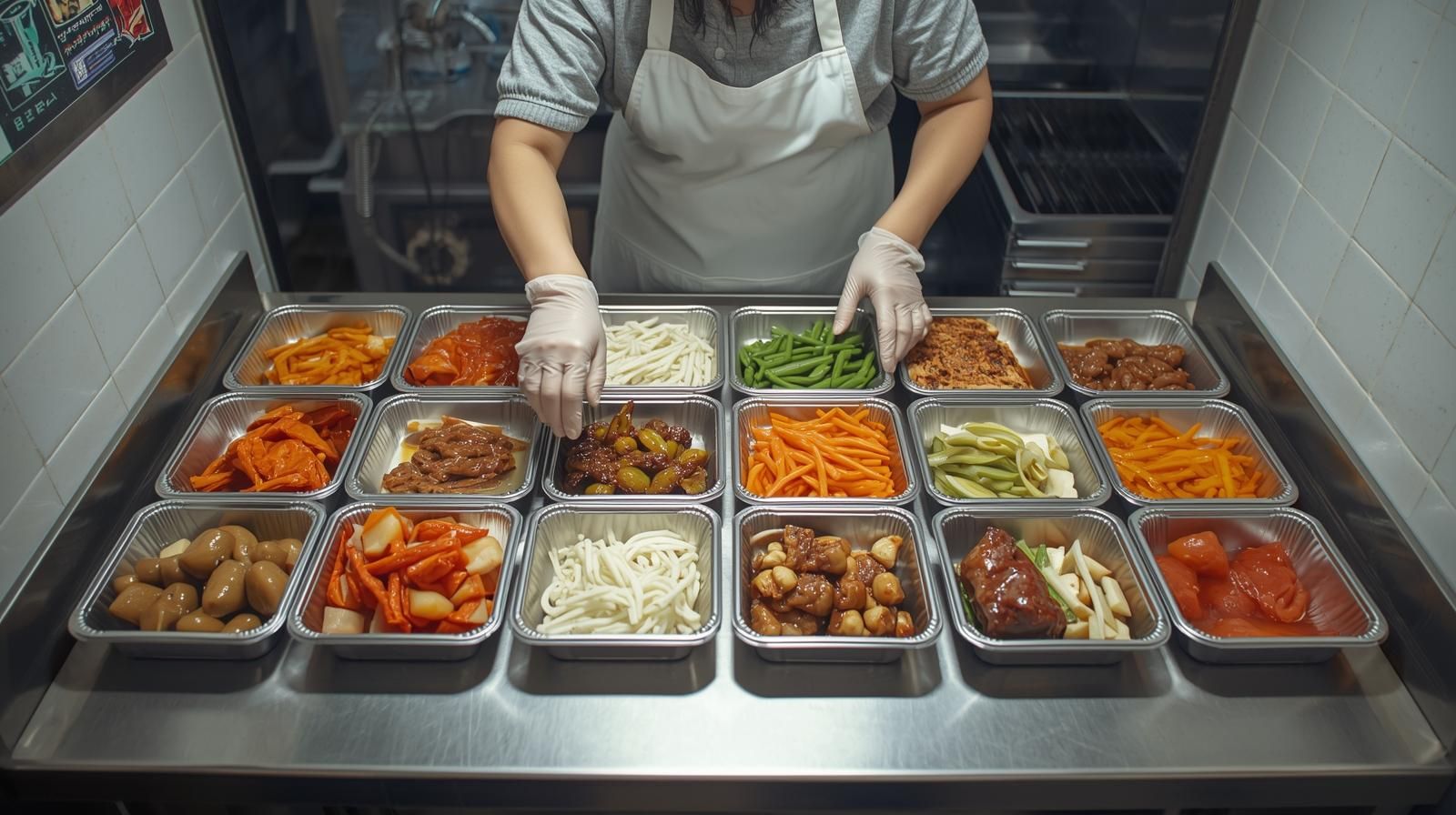 깔끔한 소형 주방에서 밑반찬 도시락을 포장하는 중년 여성 사장님