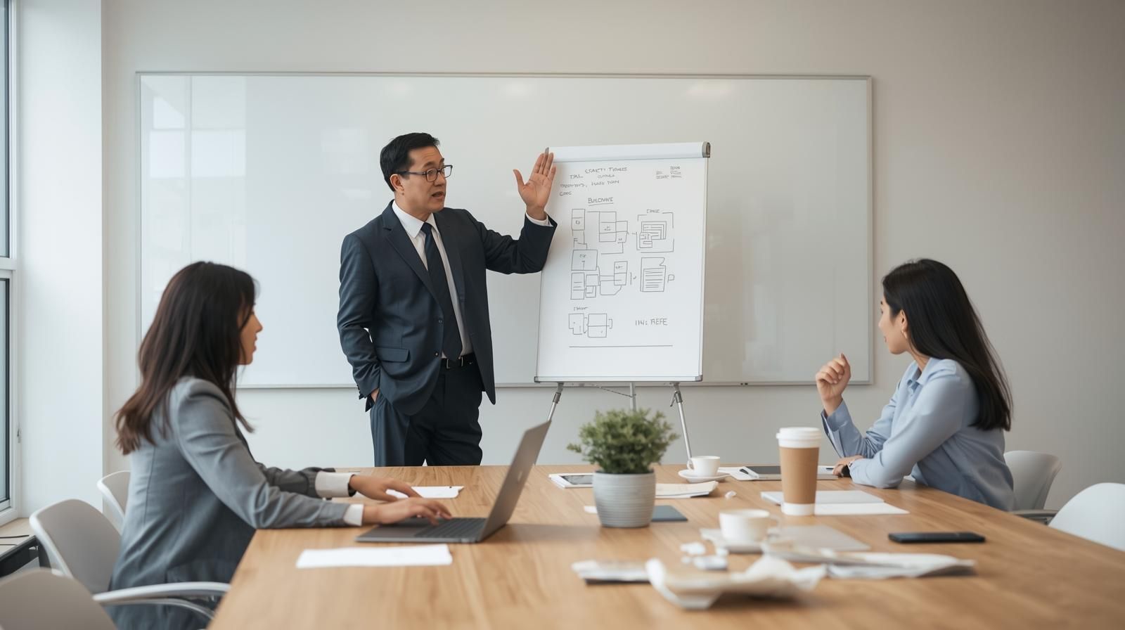 50대 시니어 전문가가 회의실에서 젊은 창업팀에게 멘토링하는 장면