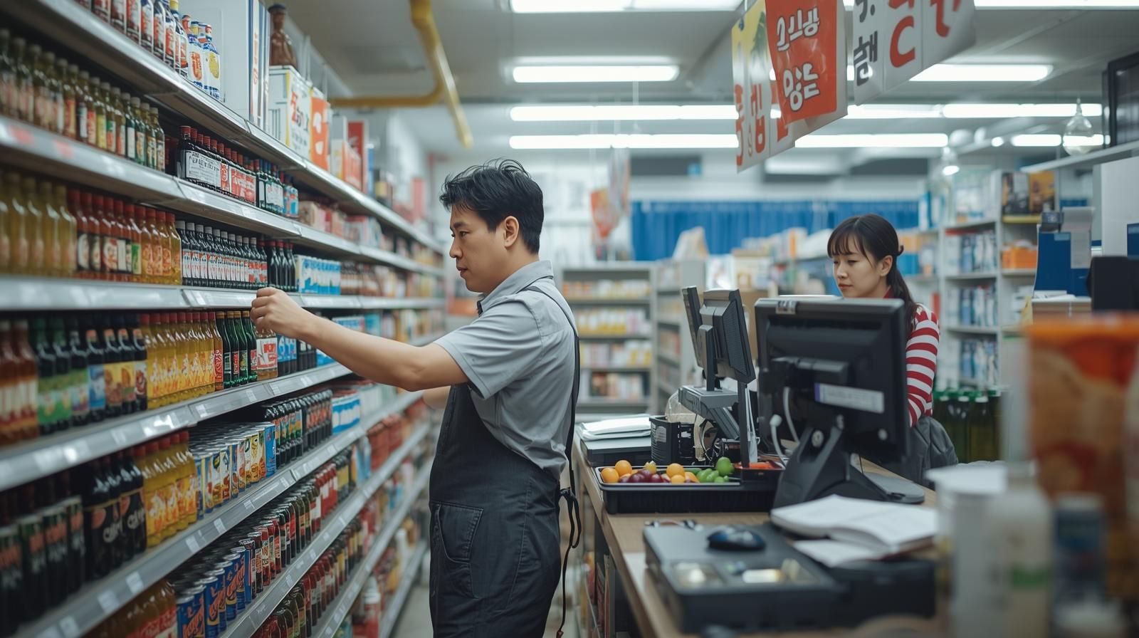 밝은 조명의 편의점 내부에서 진열대를 정리하는 중년 부부 점주