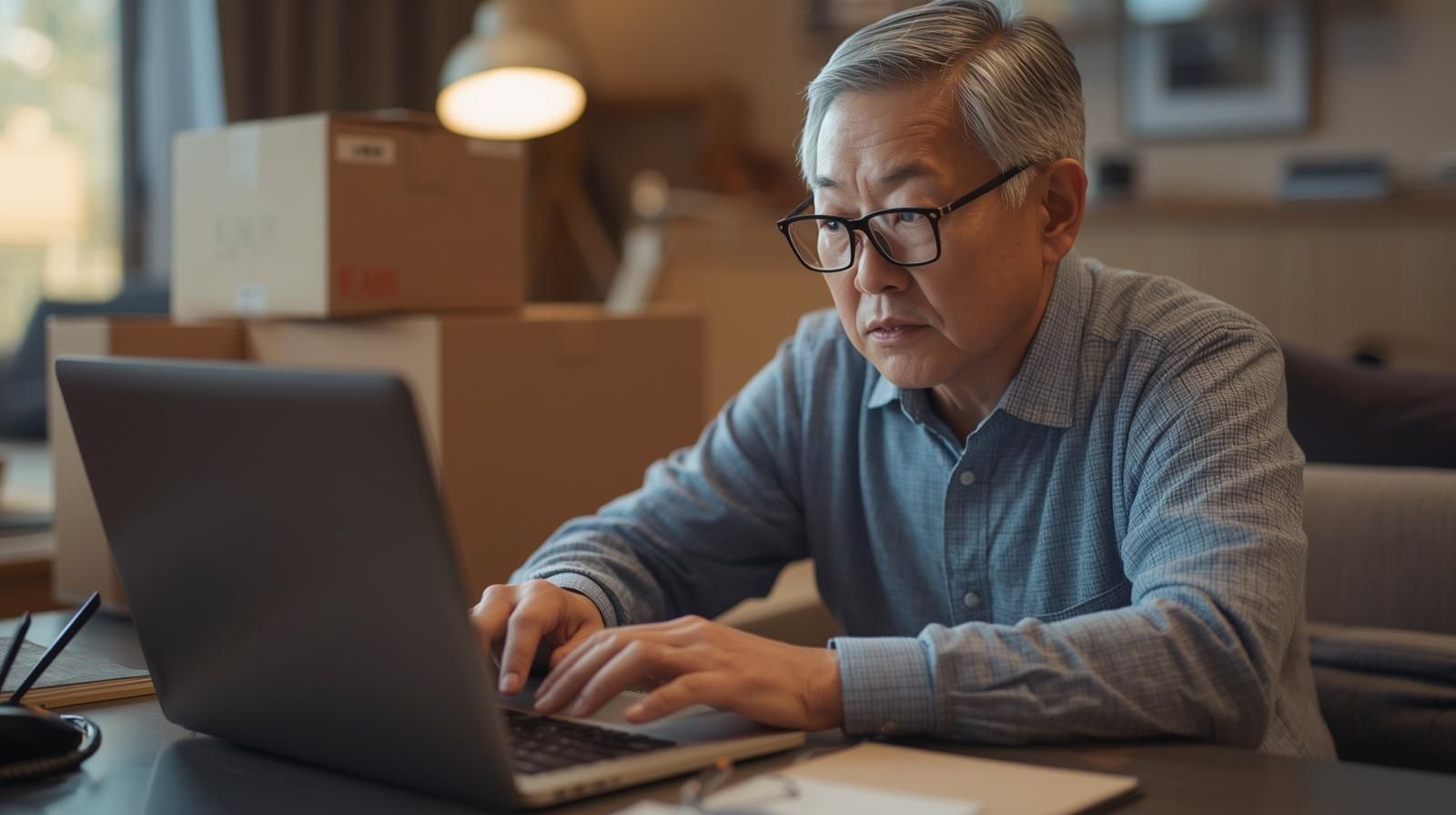 거실 한쪽 데스크에서 노트북으로 스마트스토어를 운영하는 60대 남성