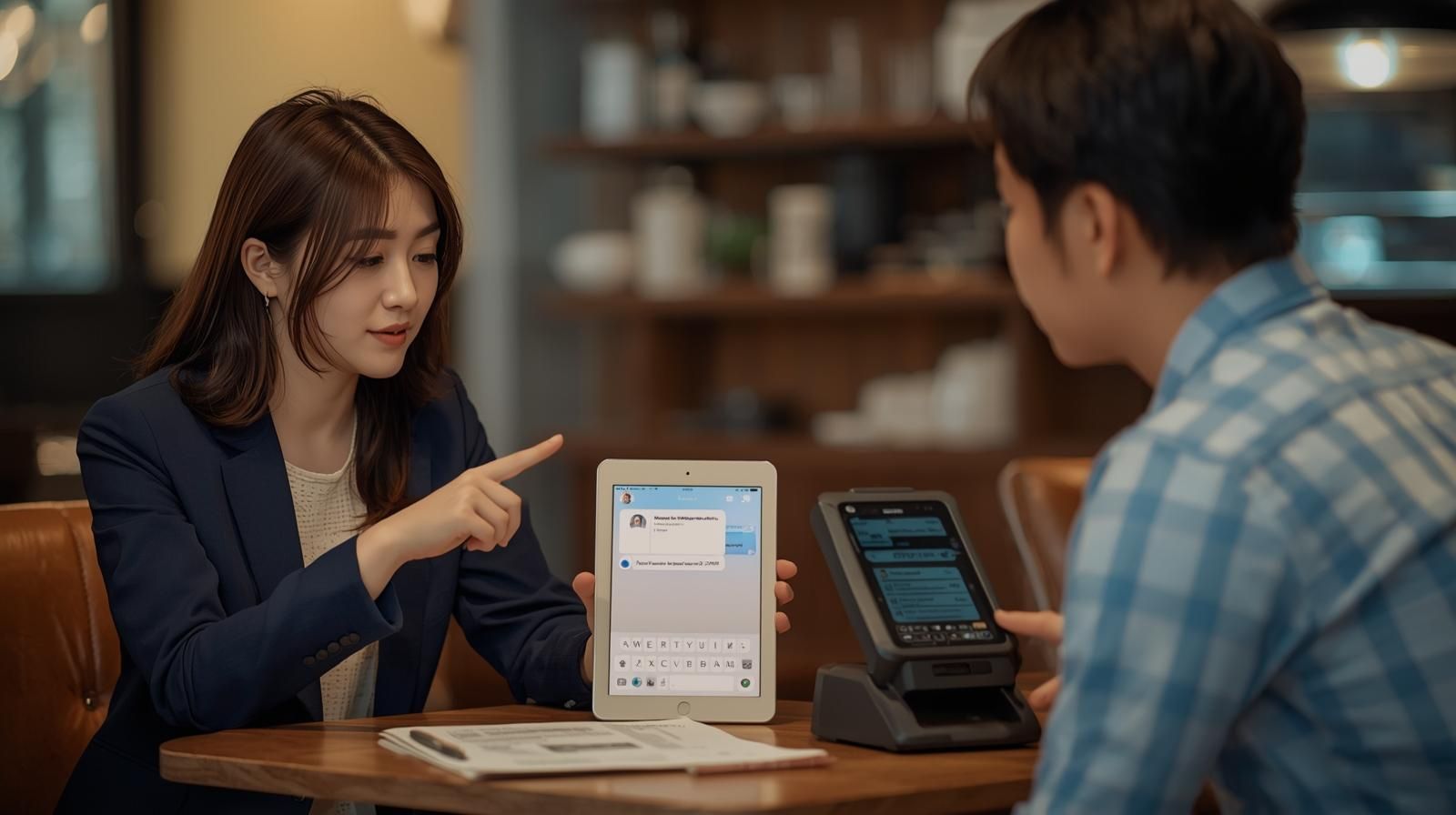 소상공인 가게에서 태블릿으로 AI 챗봇을 시연하는 컨설턴트
