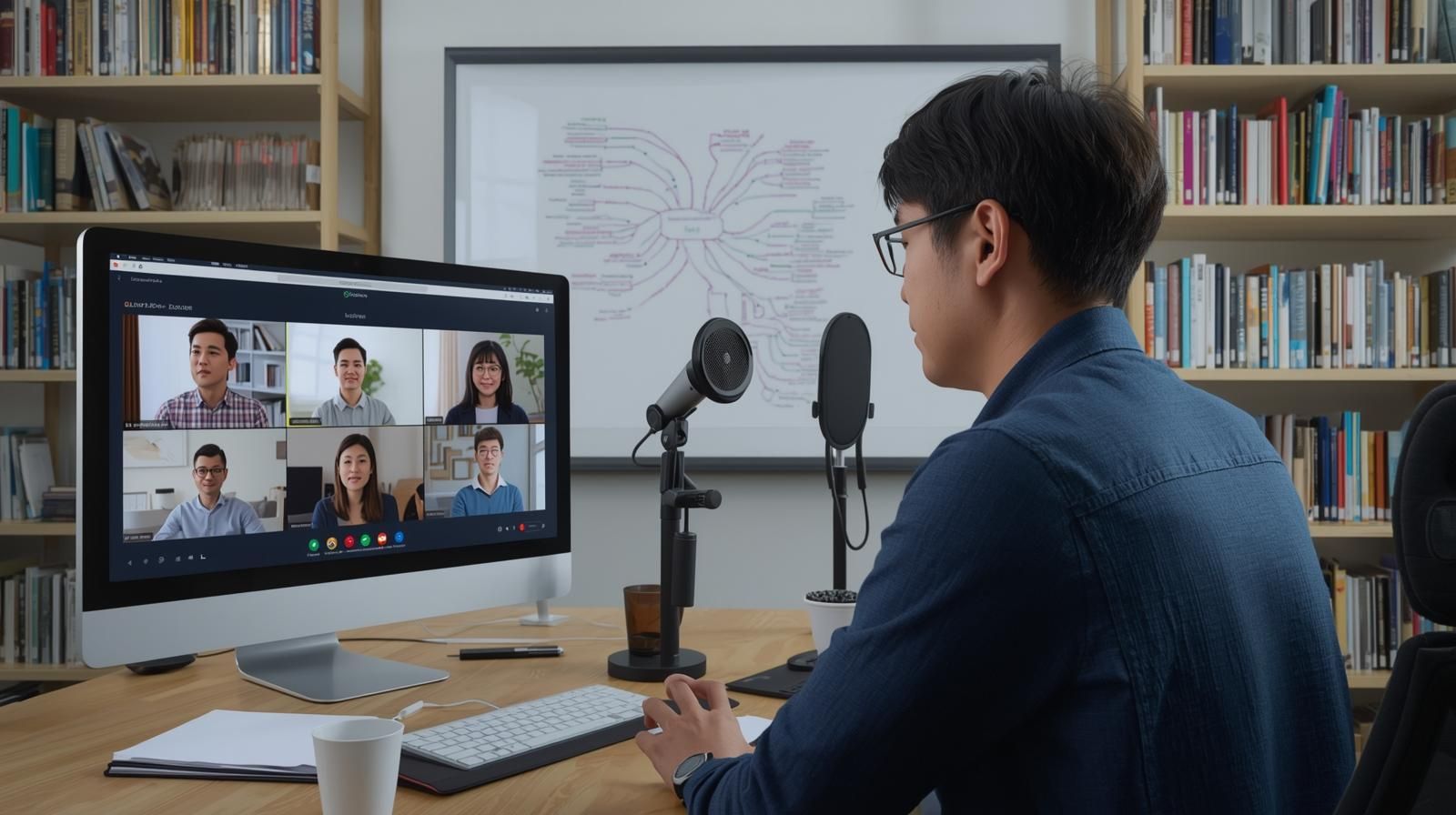 웹캠과 마이크가 설치된 데스크에서 온라인 강의를 녹화하는 강사