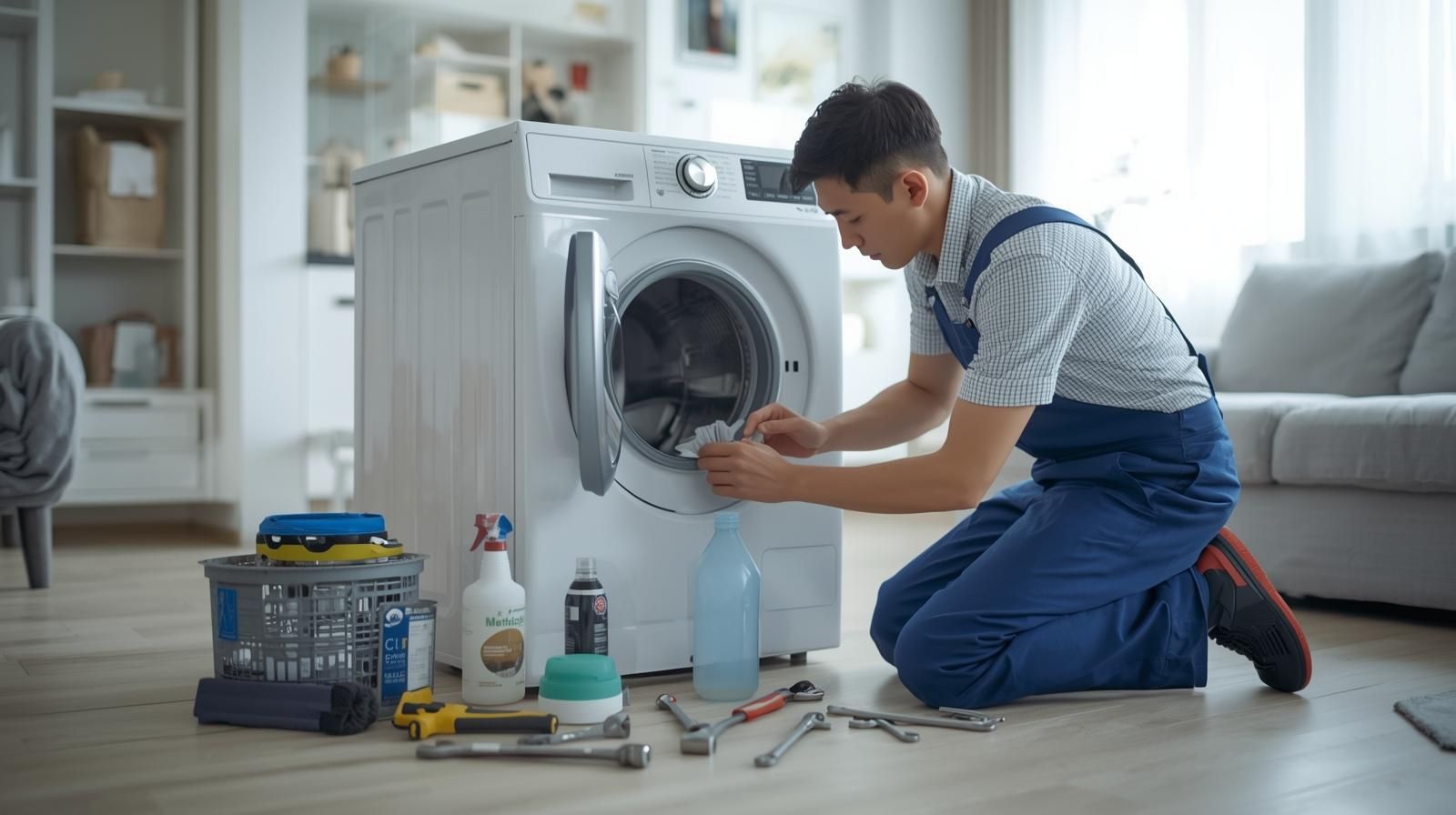 에어컨 분해청소 장비를 들고 고객 가정에 방문한 출장 서비스 기사