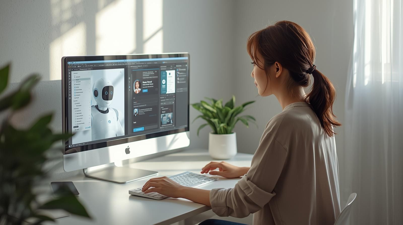 AI 프리랜서가 듀얼모니터로 디자인 작업하는 홈오피스