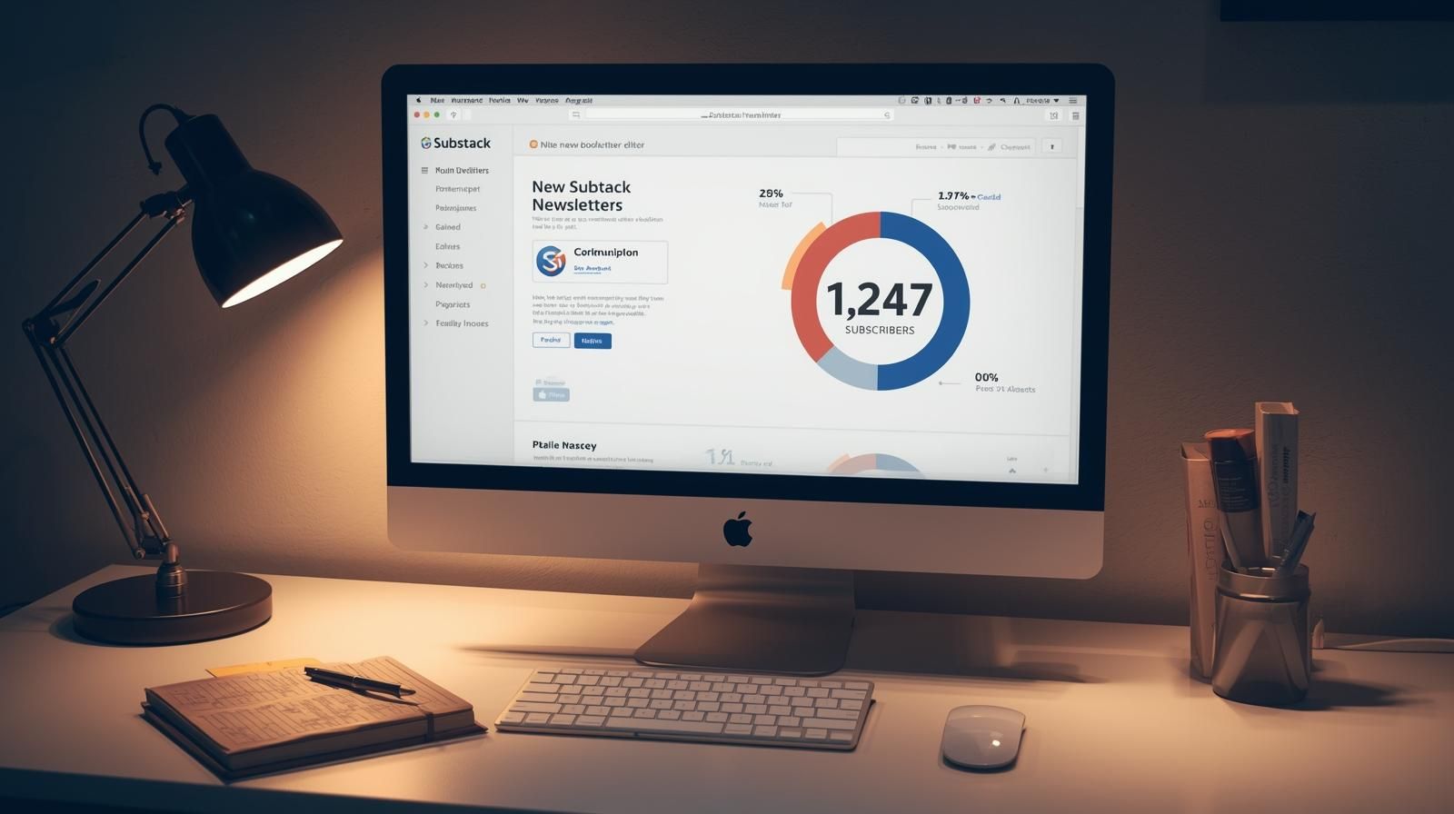 구독자 분석 차트가 보이는 뉴스레터 에디터 화면과 커피잔
