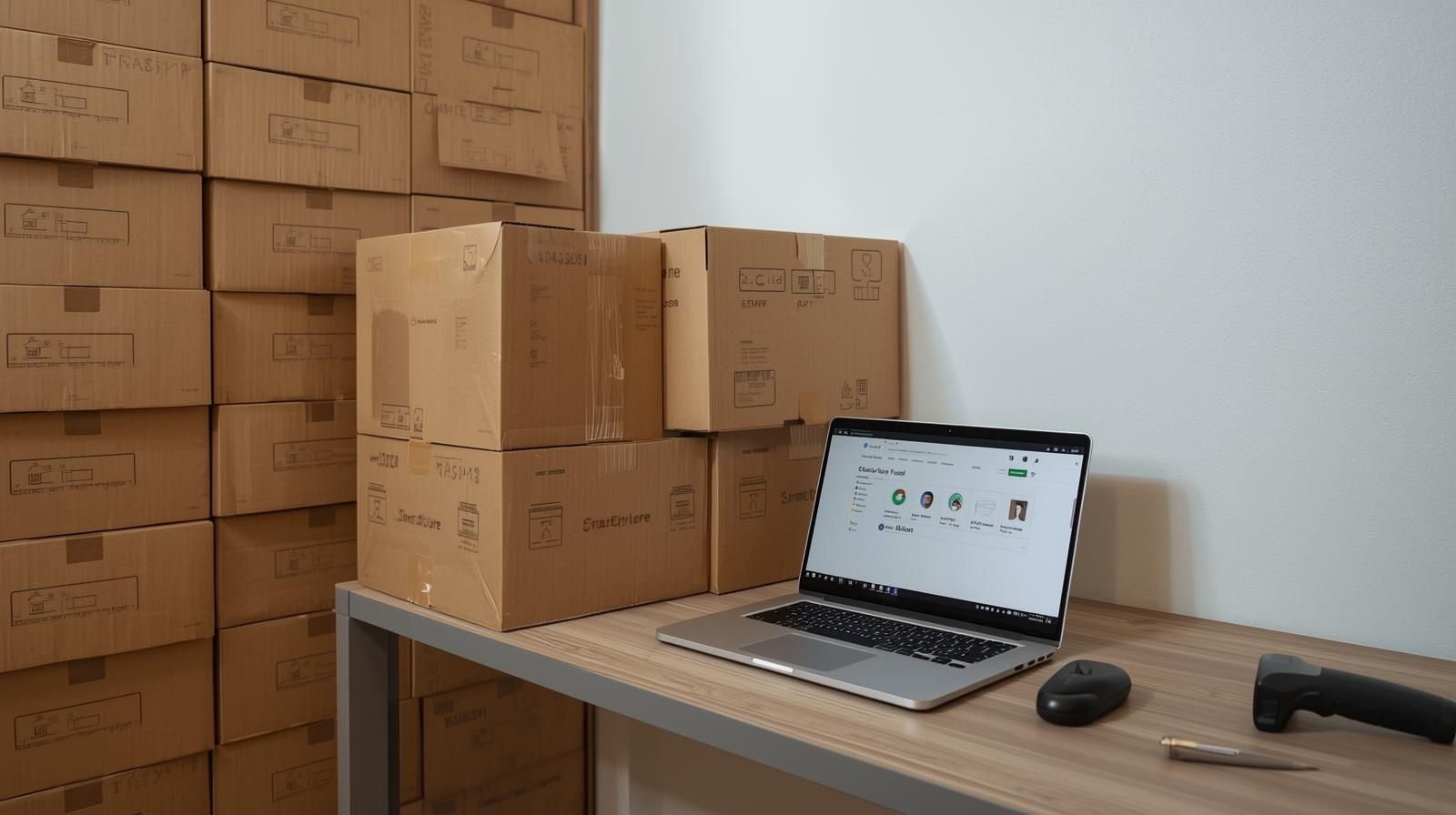 스마트스토어 대시보드가 열린 노트북 옆에 택배 상자들이 쌓인 1인 물류 공간