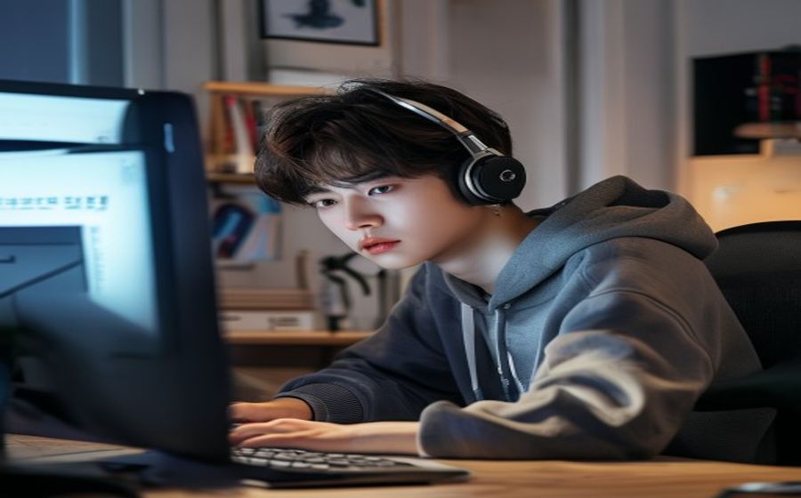 집에서 실시간 온라인 시험에 집중하는 모습