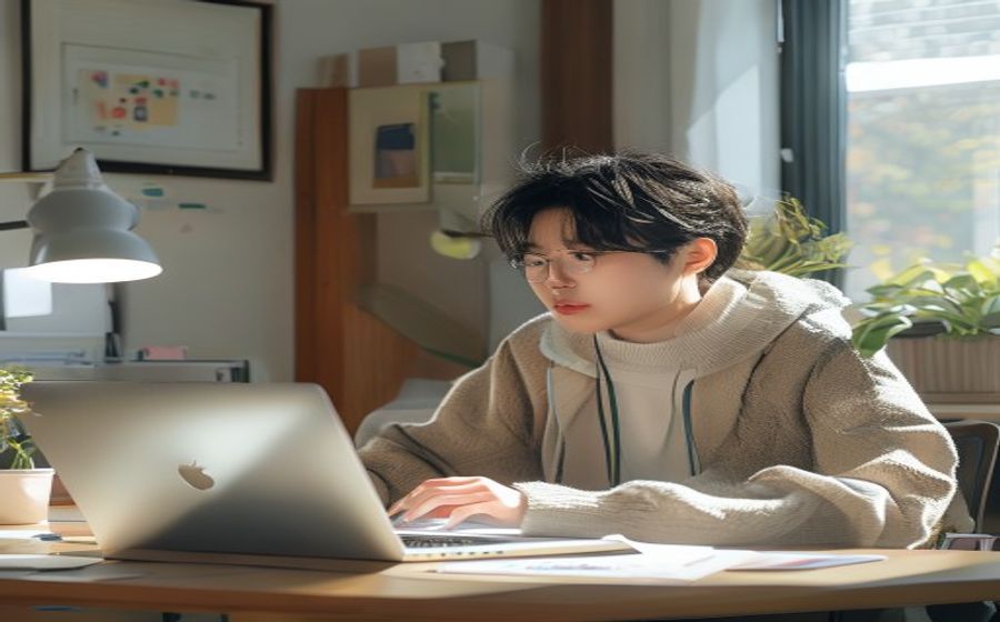 집에서 노트북으로 온라인 화상 강의를 듣는 모습