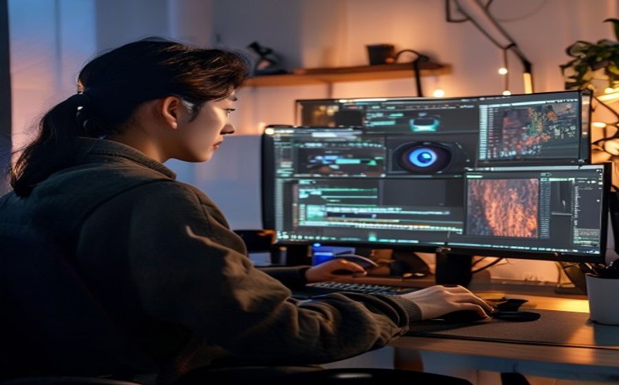 듀얼 모니터로 영상 편집하는 전문가 작업 환경