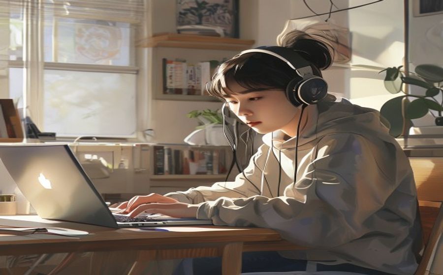 집에서 헤드셋을 끼고 온라인 화상 강의를 듣는 모습