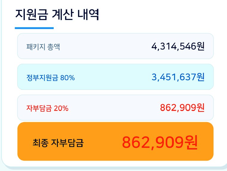 패키지 총액 4,314,546원 정부지원 3,451,637원 자부담 862,909원 계산 내역